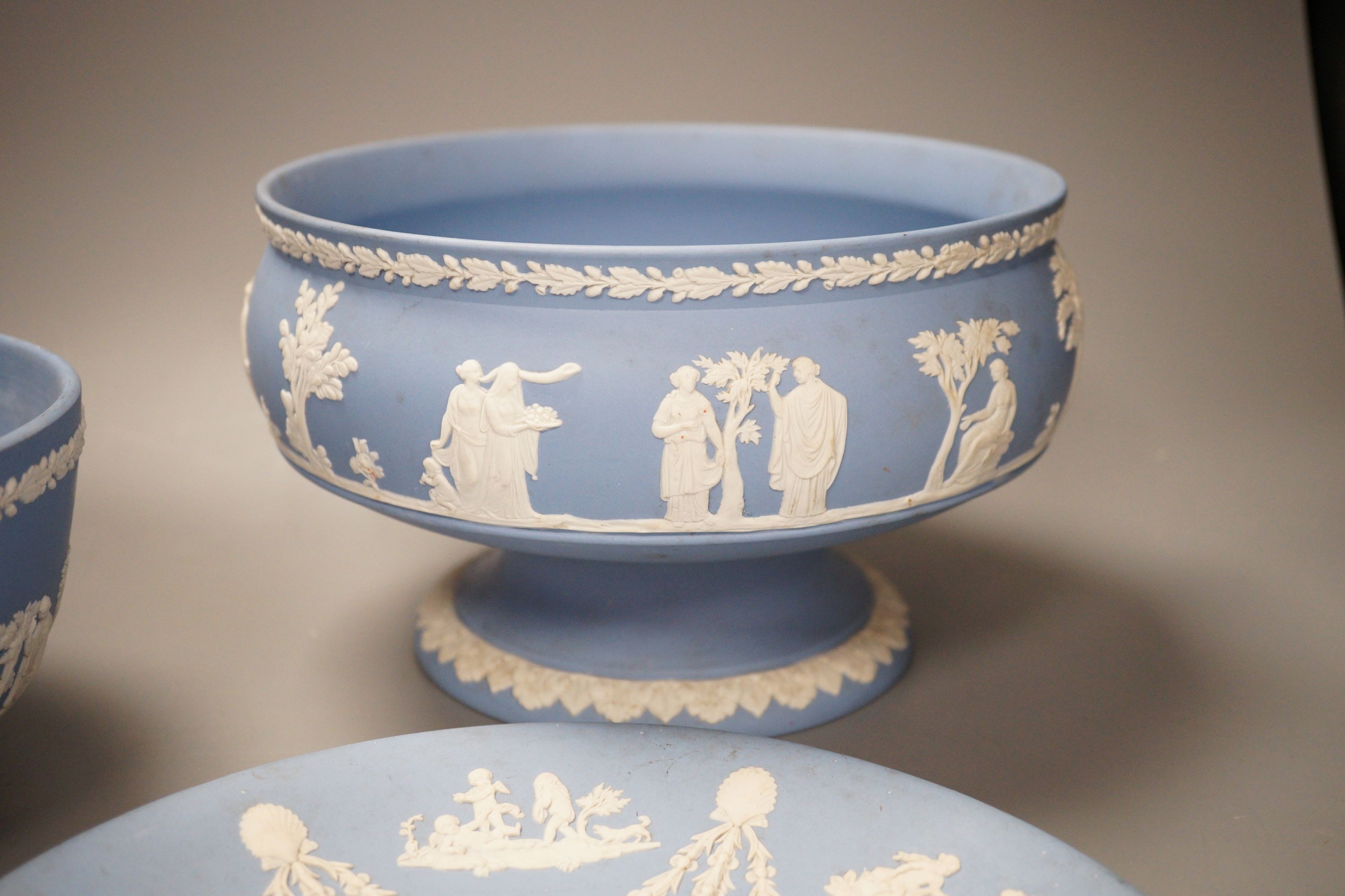 A Wedgwood blue jasper dish, bowl and footed bowl